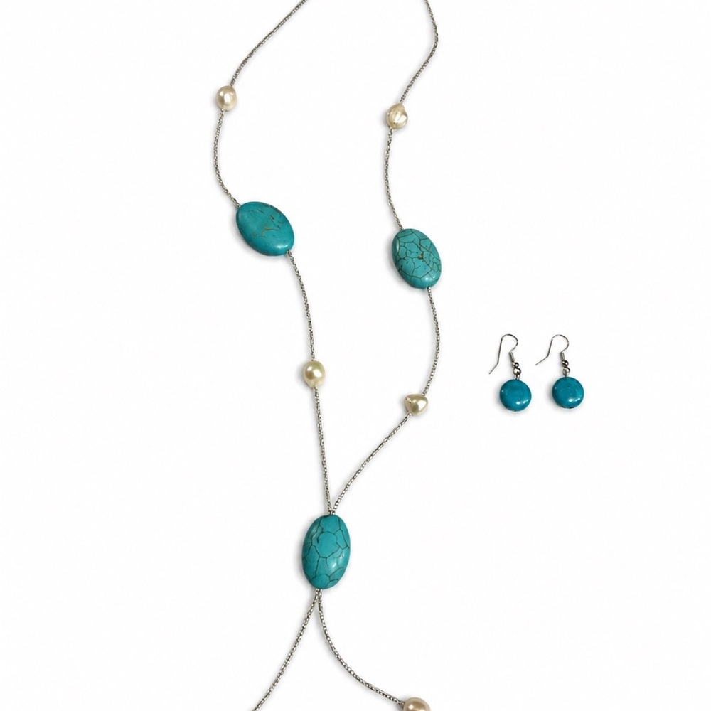 Turquoise Bead Long Necklace & Earrings Set - Women Jewelry